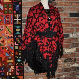 Betsey Johnson Red & Black Heart Knit Sweater Open Poncho Wrap Shawl Fringe O/S